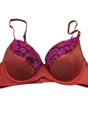 Vintage Y2K Mix & Co Womens Sz 36B Orange T Shirt Bra w/ Pink Lace Trim